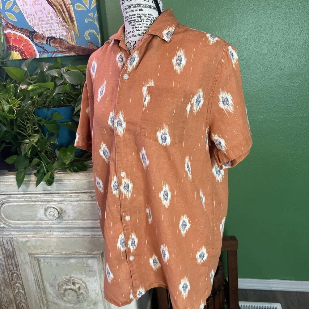 Vtg Men's Linen Blend Southwestern Style Button Up Orange Medium Coastal Country